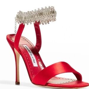 Manolo Blahnik Red Satin Heels with Silver Embellishments Parinasan 105mm NWT